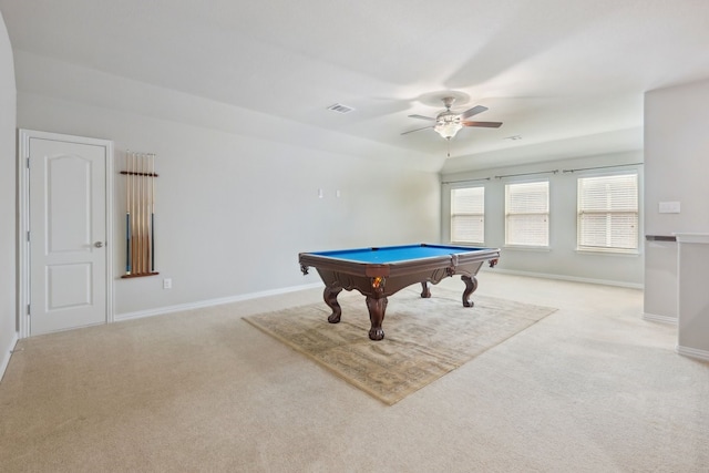recreation room with billiards, a ceiling fan, visible vents, and light carpet