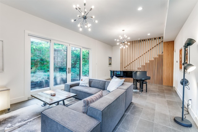 416 Crestwood Dr, Fort Worth, TX 76107 - tiled living room featuring baseboards, recessed lighting, an inviting chandelier, and stairs