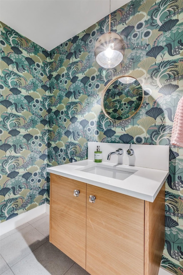 416 Crestwood Dr, Fort Worth, TX 76107 - bathroom with wallpapered walls, vanity, and baseboards