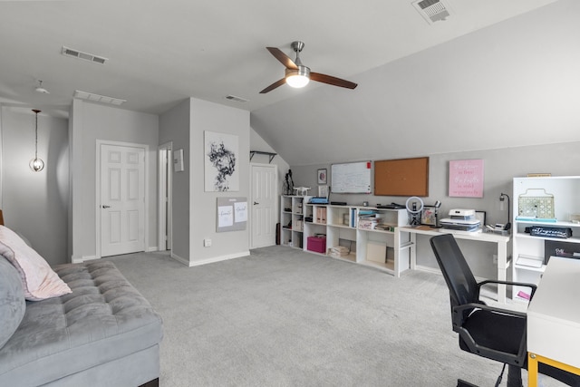 2209 Graystone Ct, Keller, TX 76248 - office area with a ceiling fan, carpet flooring, lofted ceiling, and baseboards
