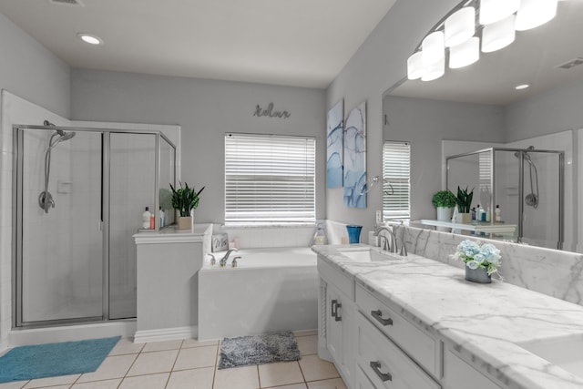 2209 Graystone Ct, Keller, TX 76248 - bathroom with a stall shower, double vanity, a bath, and tile patterned flooring