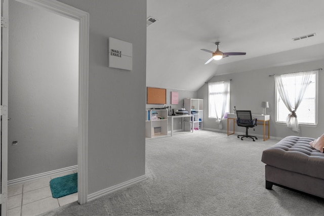 2209 Graystone Ct, Keller, TX 76248 - living area with lofted ceiling, an office area, a ceiling fan, and baseboards