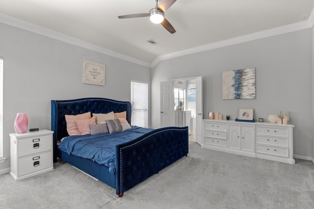2209 Graystone Ct, Keller, TX 76248 - bedroom with crown molding, light carpet, a ceiling fan, and baseboards
