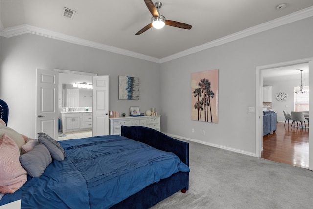 2209 Graystone Ct, Keller, TX 76248 - bedroom with ornamental molding, a chandelier, baseboards, light carpet, and ensuite bath