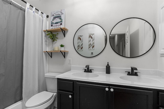 2209 Graystone Ct, Keller, TX 76248 - full bathroom with toilet, double vanity, and shower / bath combination with curtain