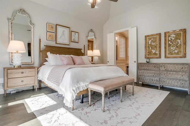 bedroom featuring wood finished floors, ceiling fan, and vaulted ceiling