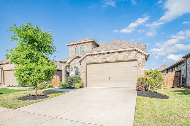 traditional-style house with brick siding, fence, driveway, and an attached garage