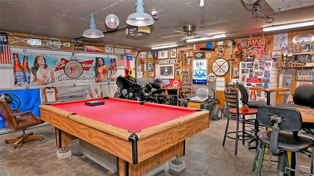 recreation room featuring a ceiling fan, billiards, and concrete floors