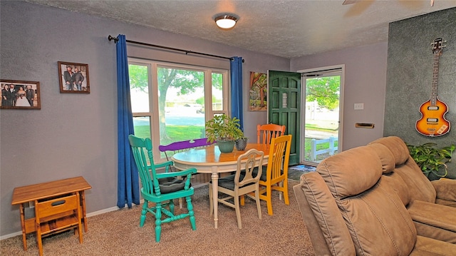 carpeted dining room featuring a textured ceiling and baseboards