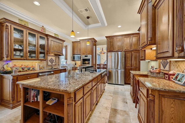 kitchen with tasteful backsplash, stainless steel appliances, open shelves, brown cabinets, and visible vents