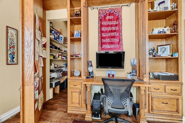 home office featuring built in desk and dark wood finished floors