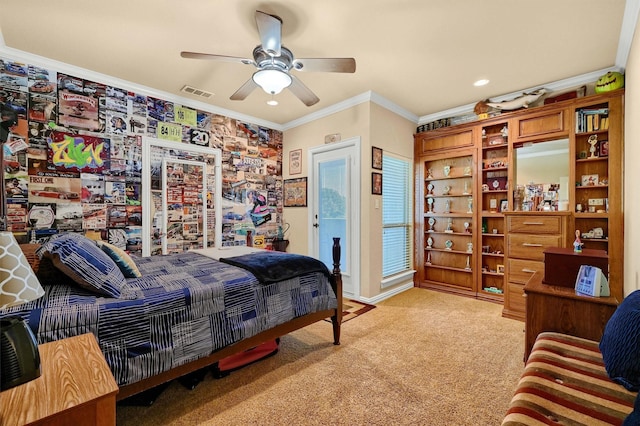 carpeted bedroom with crown molding, visible vents, ceiling fan, recessed lighting, and access to outside