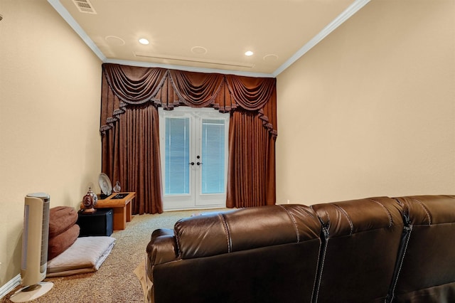 living area featuring recessed lighting, carpet floors, ornamental molding, visible vents, and french doors
