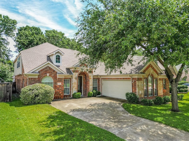 traditional-style house with brick siding, a shingled roof, a front yard, and concrete driveway