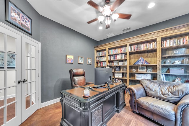 3040 N Camino Lagos, Grand Prairie, TX 75054 - office with visible vents, ceiling fan, wood finished floors, and french doors