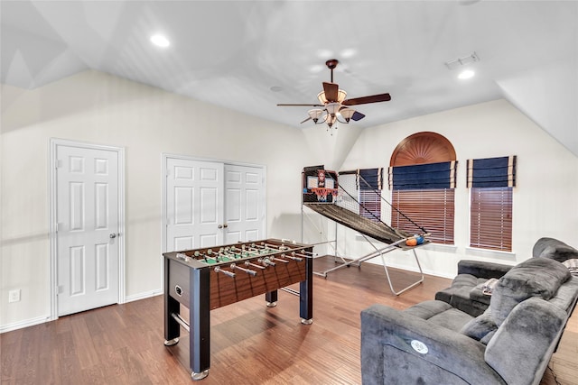 3040 N Camino Lagos, Grand Prairie, TX 75054 - recreation room featuring a ceiling fan, wood finished floors, lofted ceiling, and baseboards