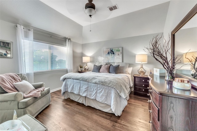 3040 N Camino Lagos, Grand Prairie, TX 75054 - bedroom with a ceiling fan, visible vents, vaulted ceiling, baseboards, and wood finished floors