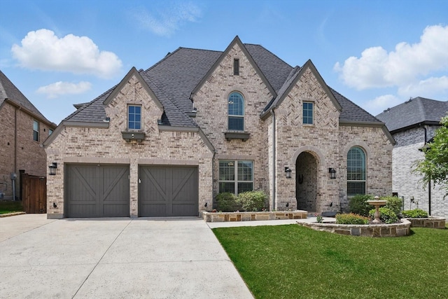 french country style house with a front lawn, driveway, roof with shingles, and brick siding