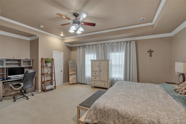 bedroom featuring ornamental molding, ceiling fan, light colored carpet, and baseboards