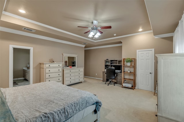 bedroom with light colored carpet, visible vents, baseboards, recessed lighting, and ornamental molding