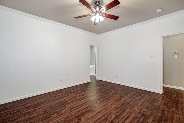 empty room featuring baseboards, a ceiling fan, crown molding, and dark wood-type flooring