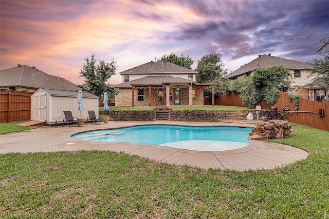 827 Huebner Way, Burleson, TX 76028 - view of swimming pool with a storage shed, an outdoor structure, and a patio