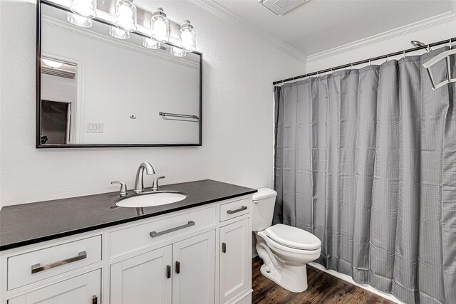 827 Huebner Way, Burleson, TX 76028 - full bath with ornamental molding, toilet, wood finished floors, vanity, and curtained shower