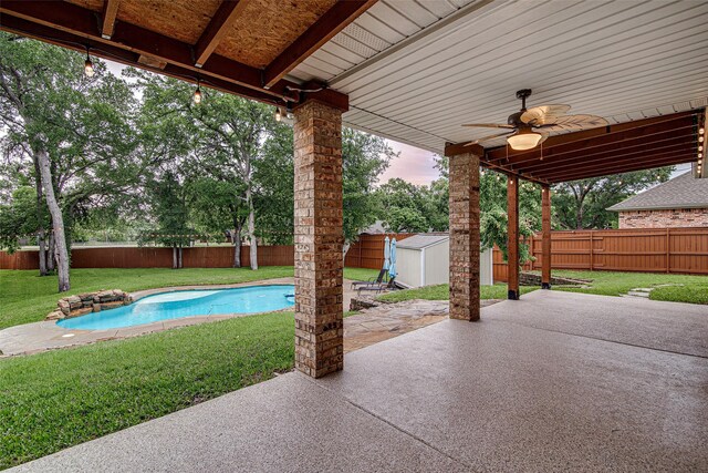 827 Huebner Way, Burleson, TX 76028 - view of patio with a storage shed, an outbuilding, and a ceiling fan