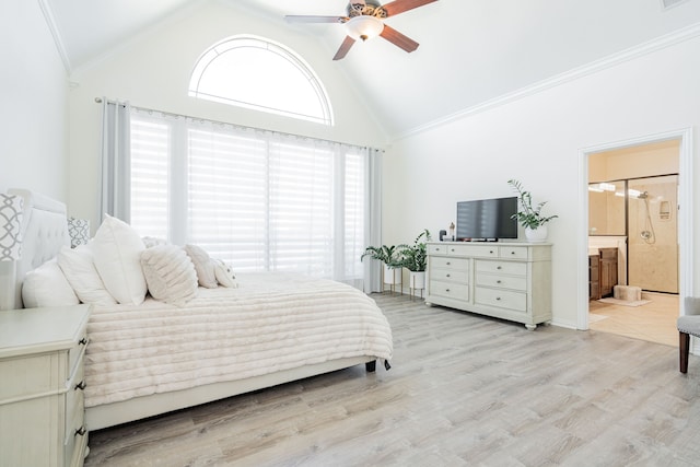 12176 Livingston Way, Talty, TX 75126 - bedroom with high vaulted ceiling, light wood finished floors, connected bathroom, and ceiling fan