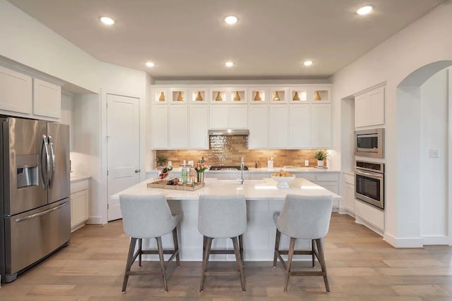 kitchen with tasteful backsplash, appliances with stainless steel finishes, under cabinet range hood, and light wood-type flooring