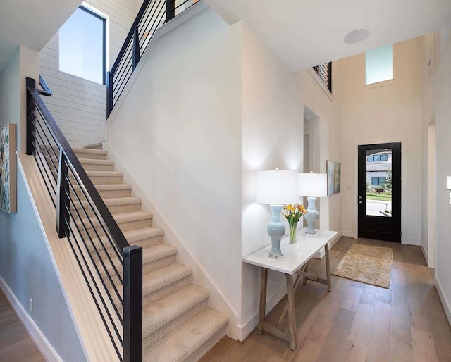 foyer entrance with wood finished floors, plenty of natural light, and a high ceiling
