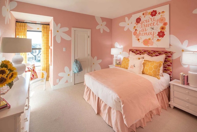 bedroom with light carpet