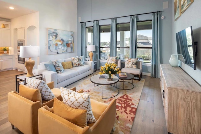 living room with light wood-style floors, plenty of natural light, and a high ceiling