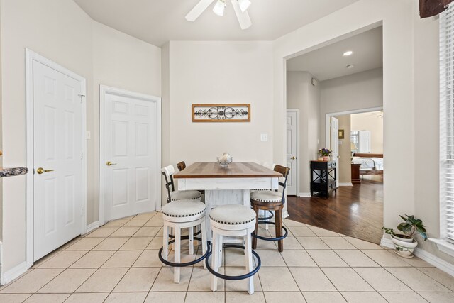 9318 Waterview Pkwy, Rowlett, TX 75089 - dining room with ceiling fan, light tile patterned floors, baseboards, and recessed lighting