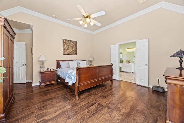 bedroom with baseboards, ornamental molding, wood finished floors, and lofted ceiling