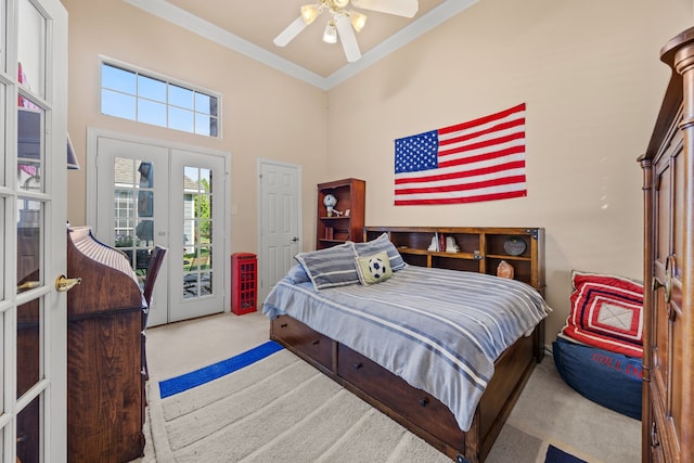 9318 Waterview Pkwy, Rowlett, TX 75089 - carpeted bedroom featuring crown molding, access to outside, a ceiling fan, and a towering ceiling