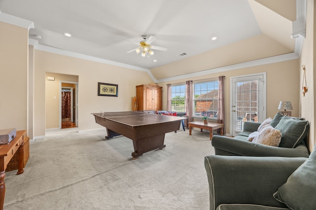 playroom with ceiling fan, visible vents, crown molding, light colored carpet, and baseboards