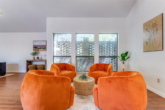 living area featuring wood finished floors and baseboards