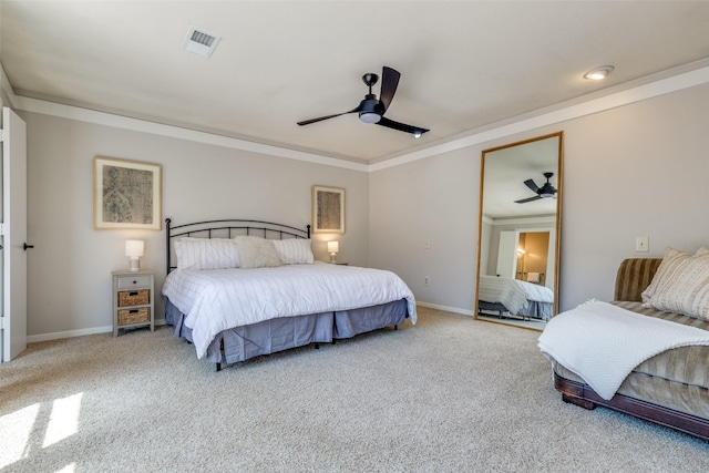 bedroom with baseboards, visible vents, ceiling fan, and carpet floors