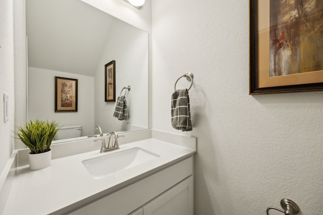 bathroom featuring toilet, vanity, and vaulted ceiling