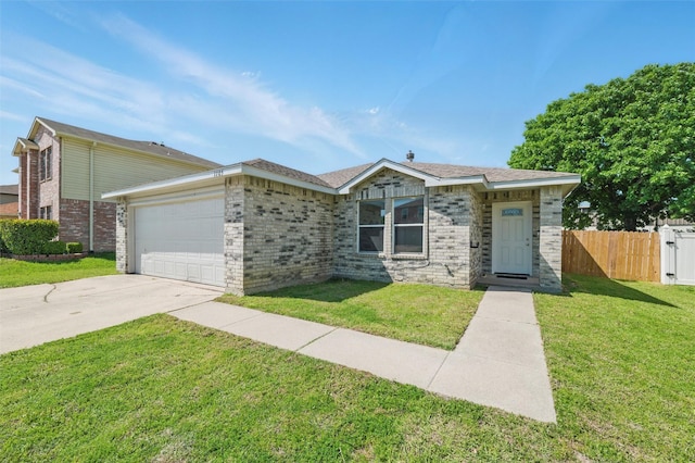 ranch-style home with a garage, fence, a front lawn, and driveway