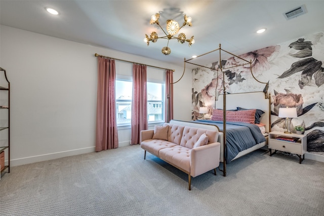 bedroom featuring a notable chandelier, recessed lighting, visible vents, and carpet