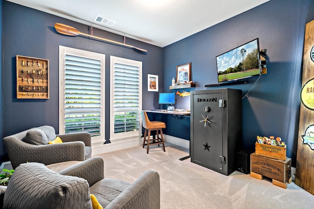 office area with visible vents, carpet flooring, and baseboards