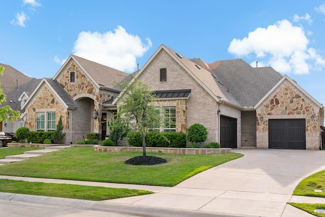 french country inspired facade featuring brick siding, a garage, stone siding, a front yard, and concrete driveway