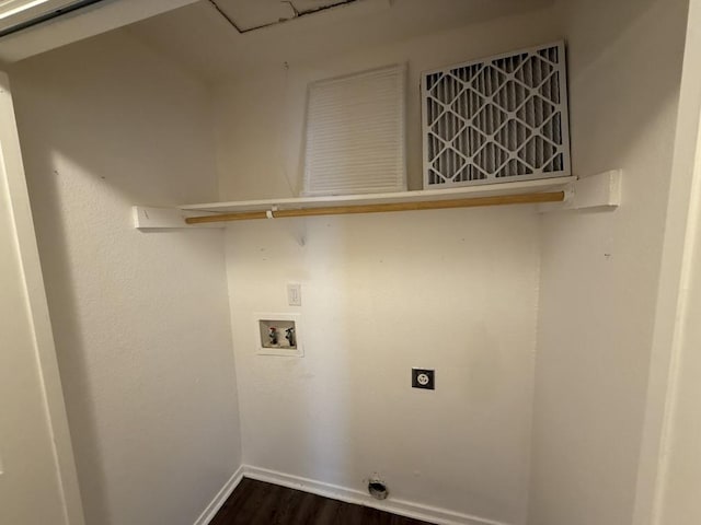 laundry room with baseboards, hookup for a washing machine, laundry area, hookup for an electric dryer, and dark wood-style floors