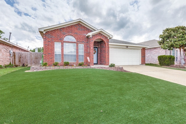 view of front of property featuring brick siding, fence, a garage, a front lawn, and concrete driveway