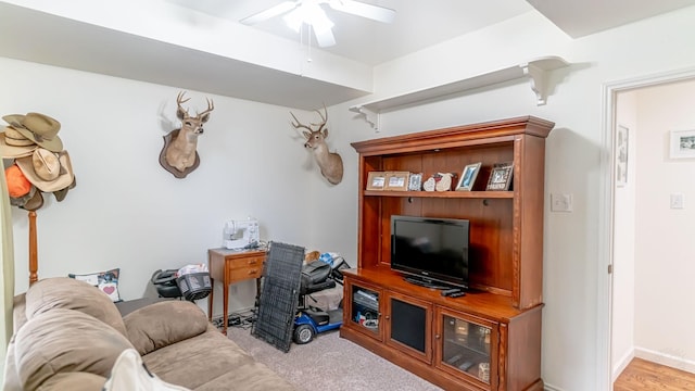 living area featuring ceiling fan