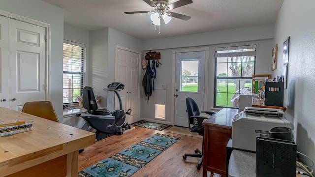 office area featuring a ceiling fan and wood finished floors