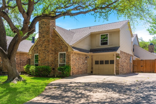 2960 Harbinger Ln, Dallas, TX 75287 - view of front of house featuring brick siding, a shingled roof, an attached garage, and a chimney