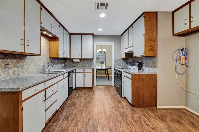 kitchen featuring range with electric cooktop, a sink, visible vents, under cabinet range hood, and wood finished floors